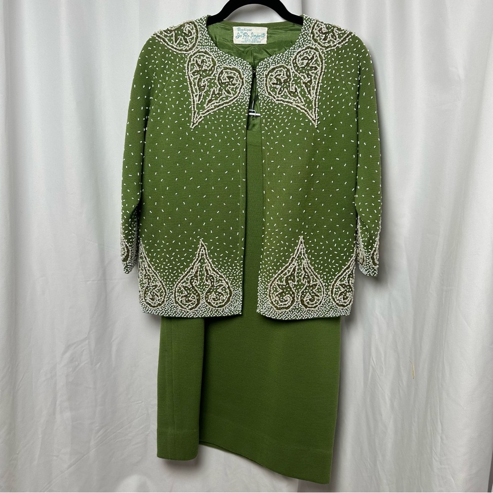 Vintage Jo Ro Imports Green Wool Skirt Set Size 12 Beaded Jacket Cardigan